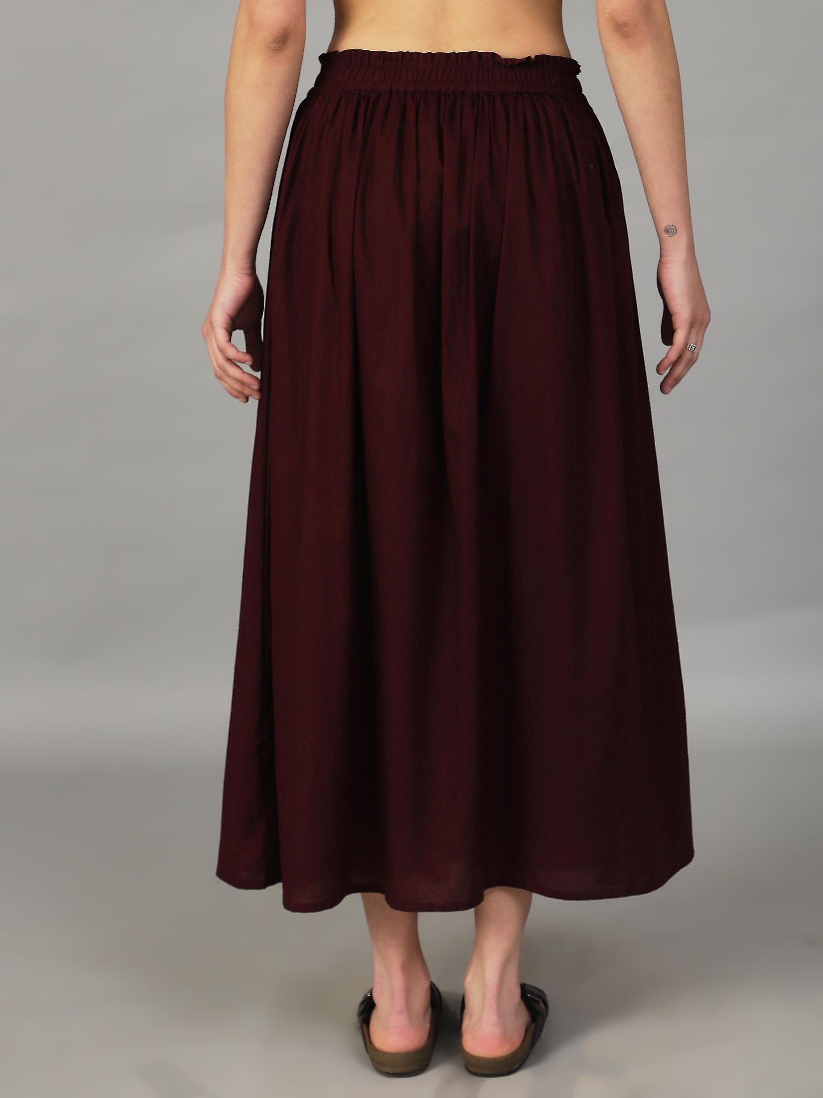 Wine Gathered Maxi Skirt – Smocked Waist Flowy Bottom