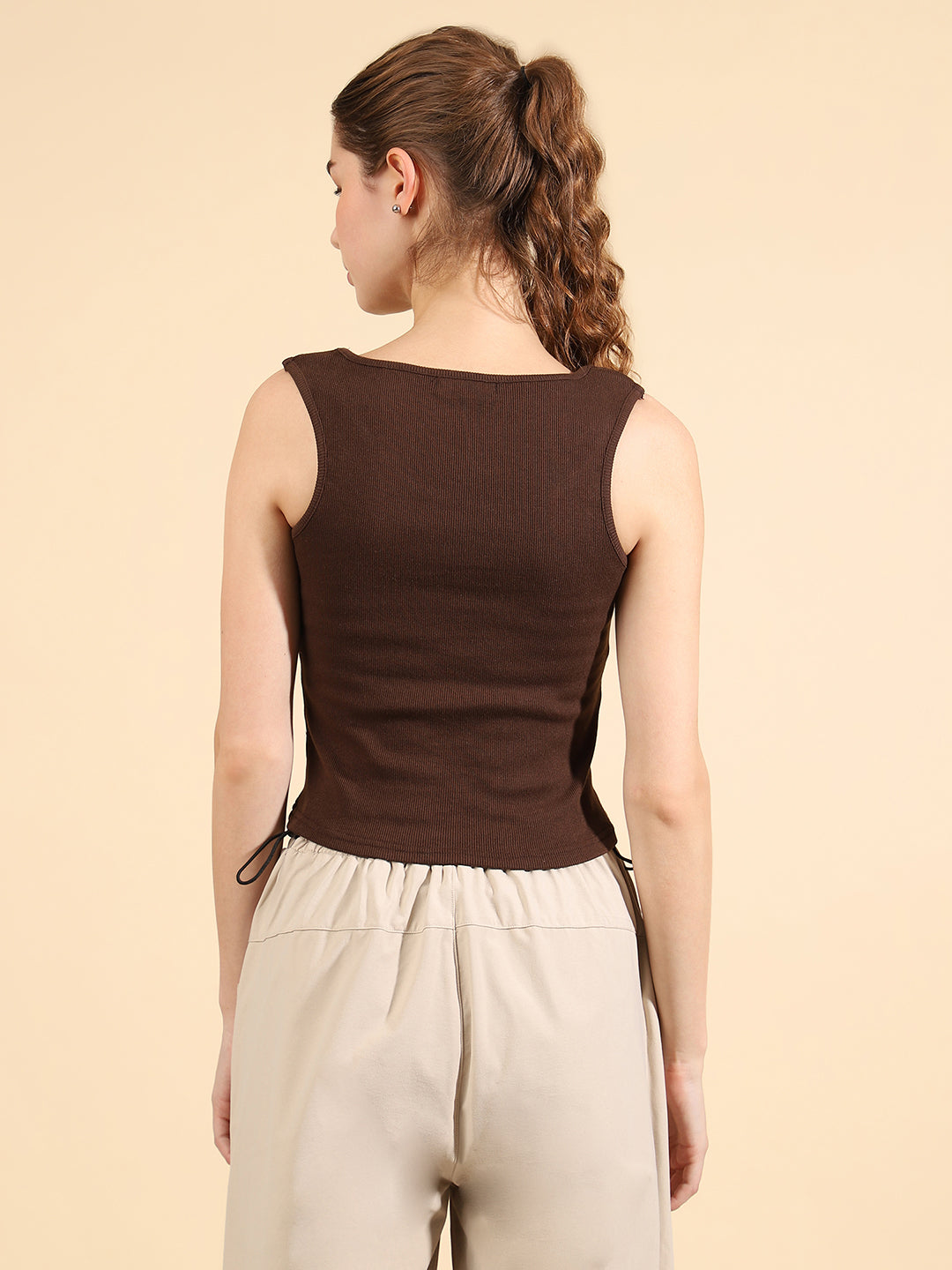 Unaone Women Brown Coffee Cotton Ribbed Sleeveless Vest Tank Top
