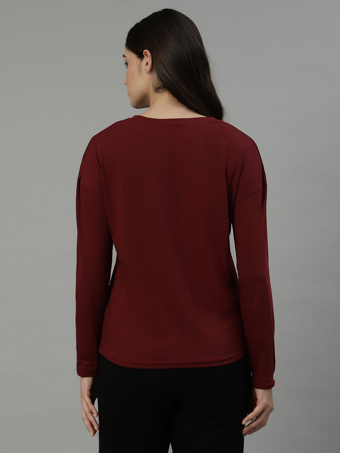 UnaOne Maroon V-Neck Drop-Shoulder Sleeves Pure Cotton T-shirt for Women