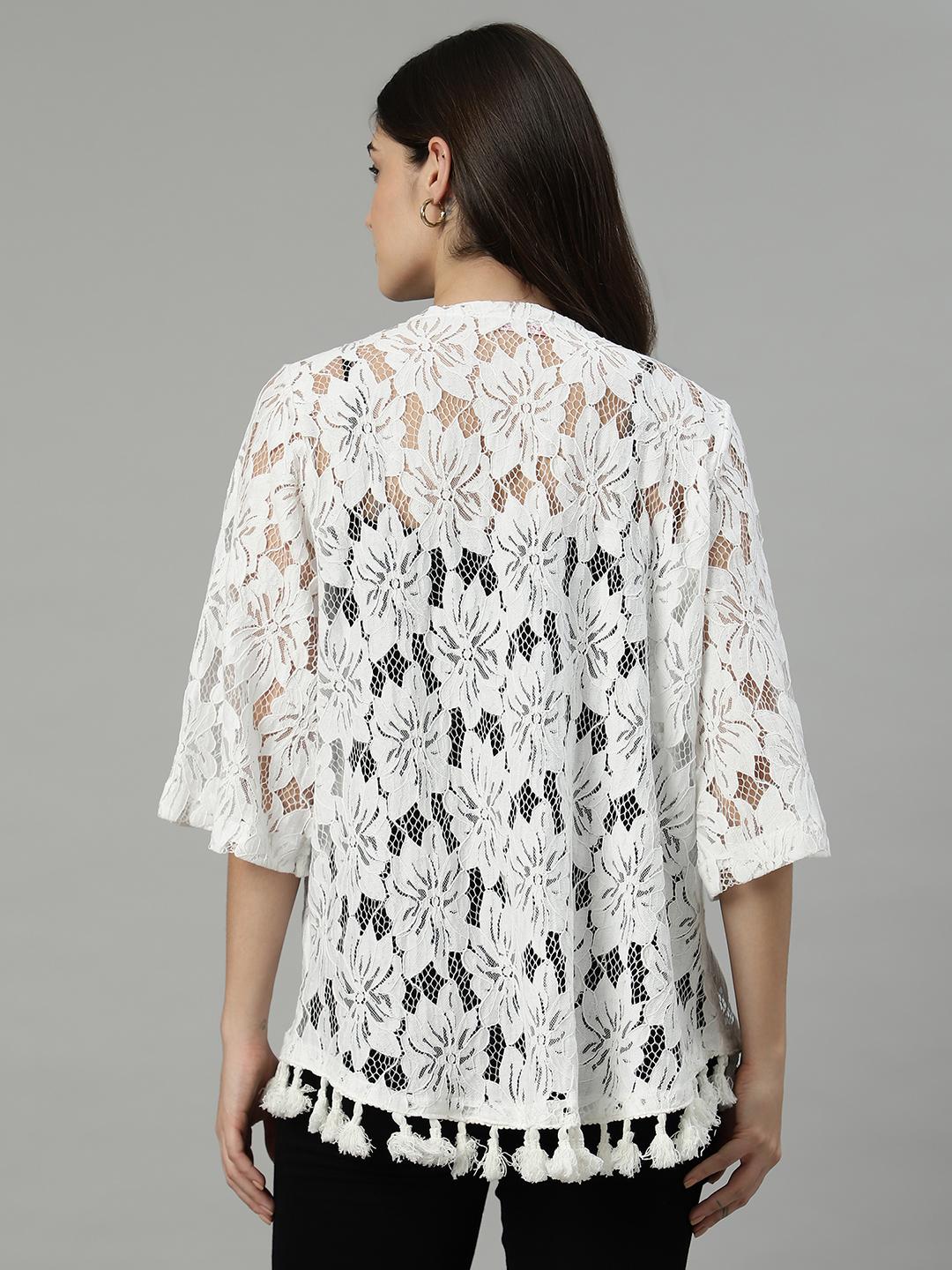 White Floral Lace Shrug with Tassel Hem