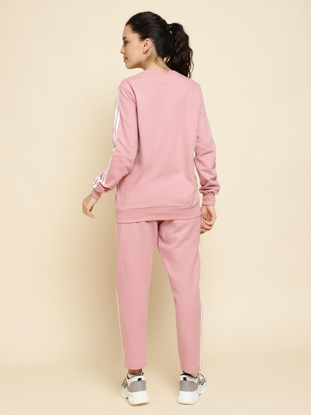 Dusty Pink Terry Cotton Tracksuit Co-ord Set with White Side Stripes