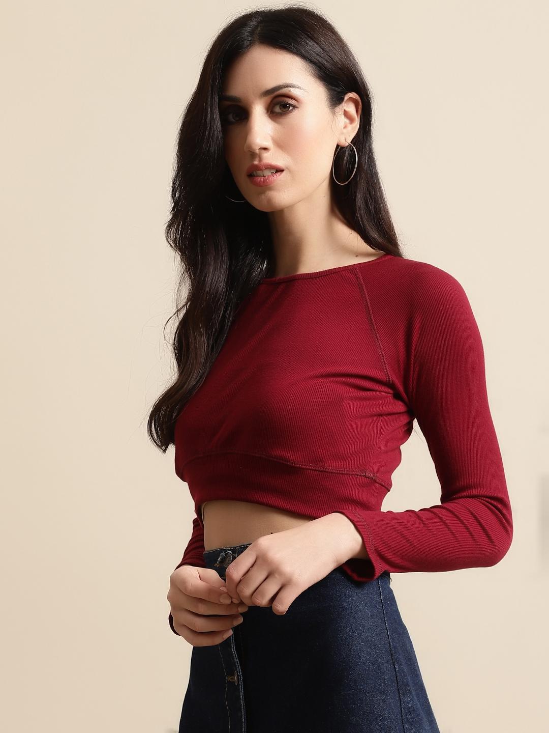 Ribbed Crop Top – Maroon | Long Sleeve