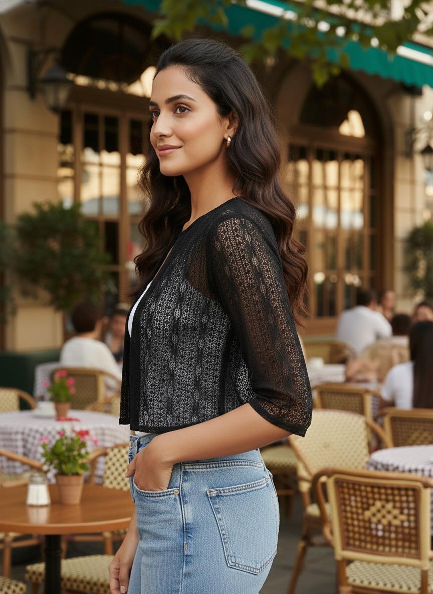 Black Lace Crop Shrug – Open-Front Crochet Layering Top