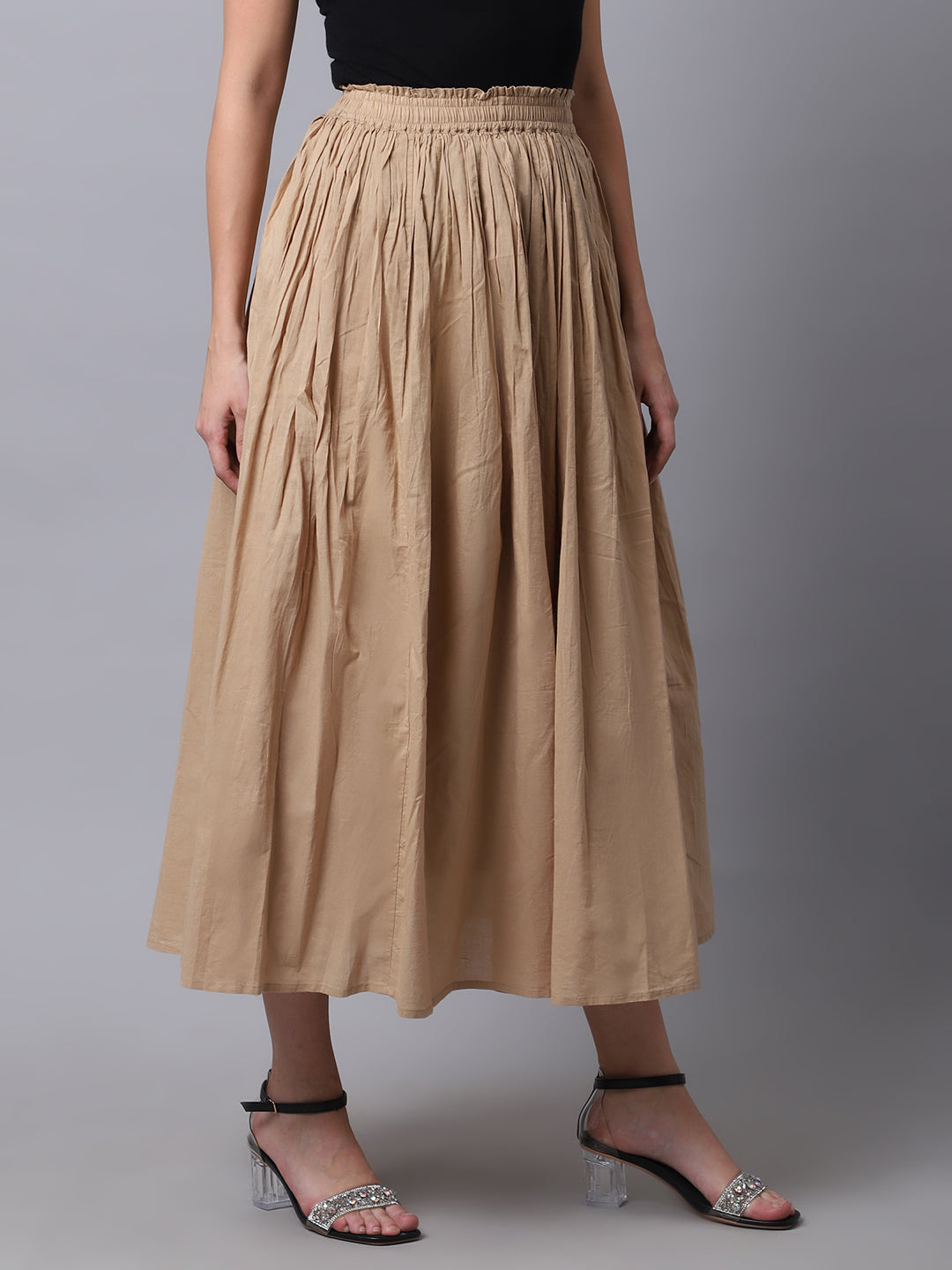 Unaone Women Beige Solid Flared Maxi Skirts With Lining