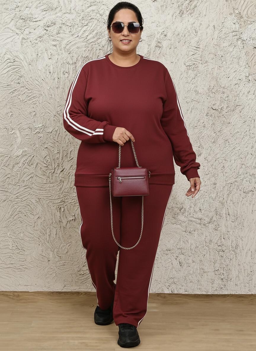 Women's Cotton Terry Tracksuit – Maroon Side Stripe