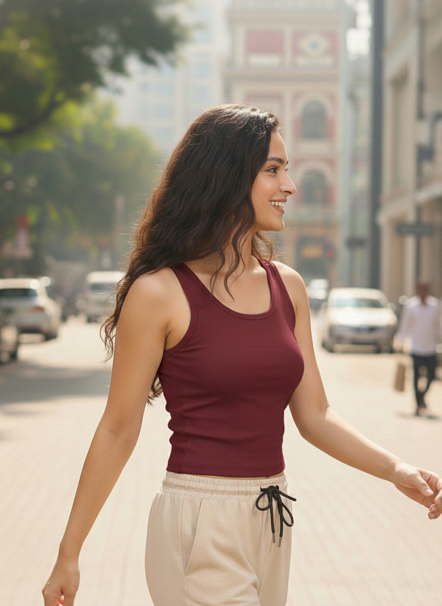 Ribbed Crop Tank Top – Dark Maroon