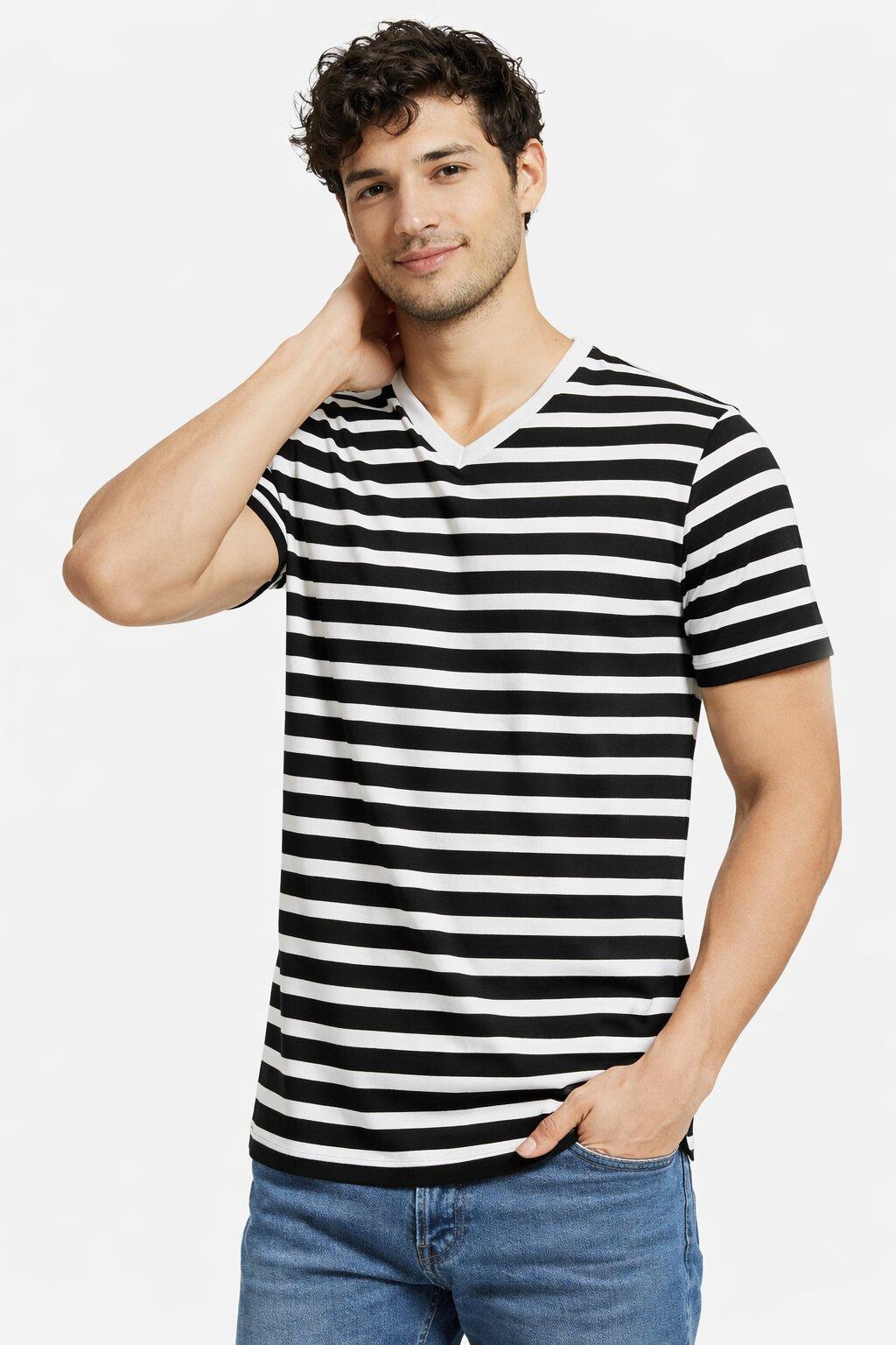 Man wearing a black and white striped t-shirt on a white background