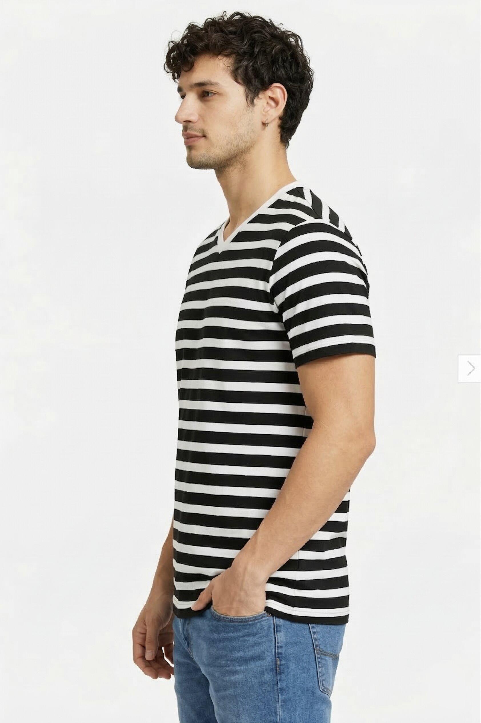 Men's Black & White Striped V-Neck Cotton T-Shirt