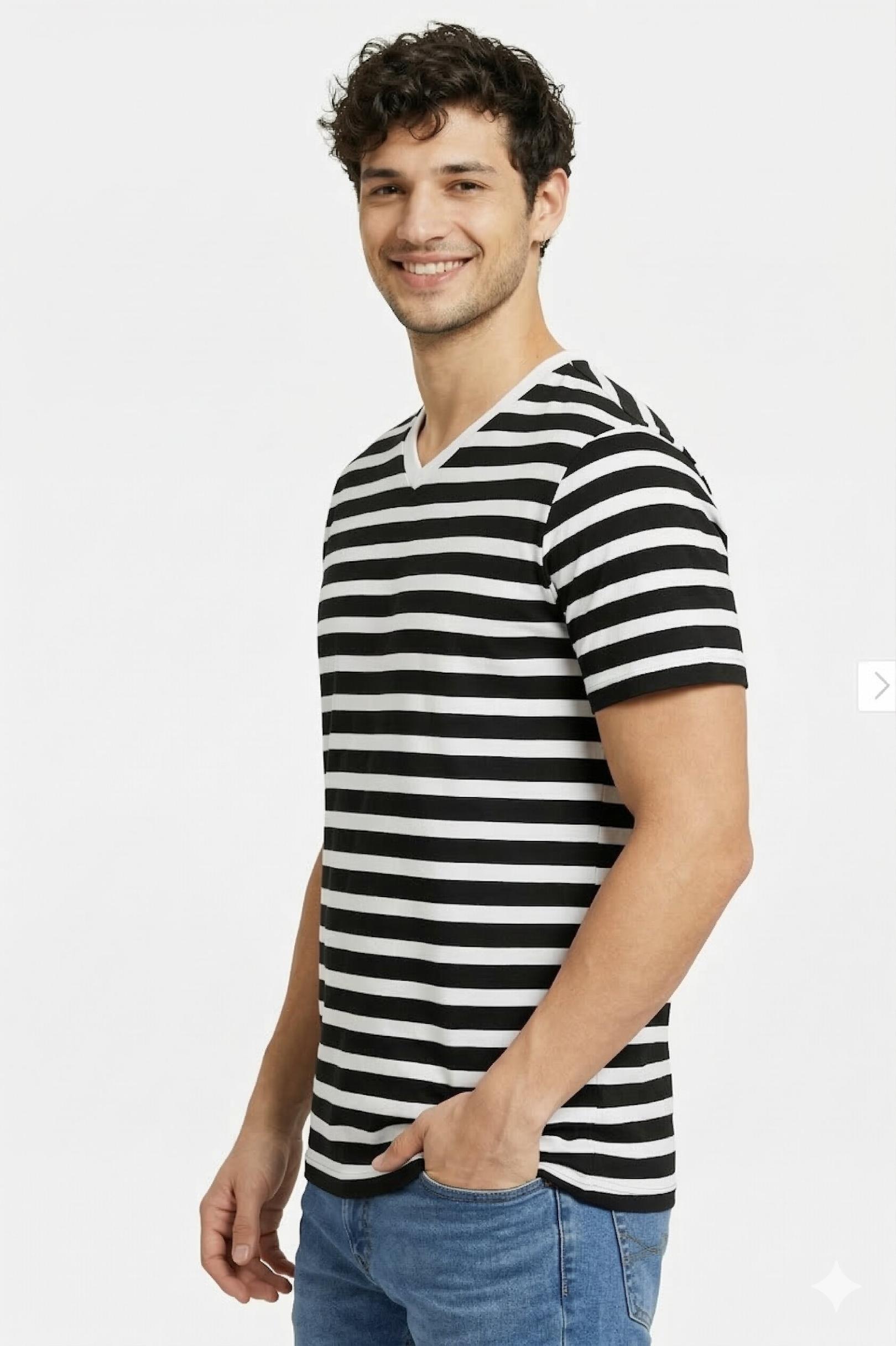 Man wearing a pure cotton black and white striped t-shirt on a white background