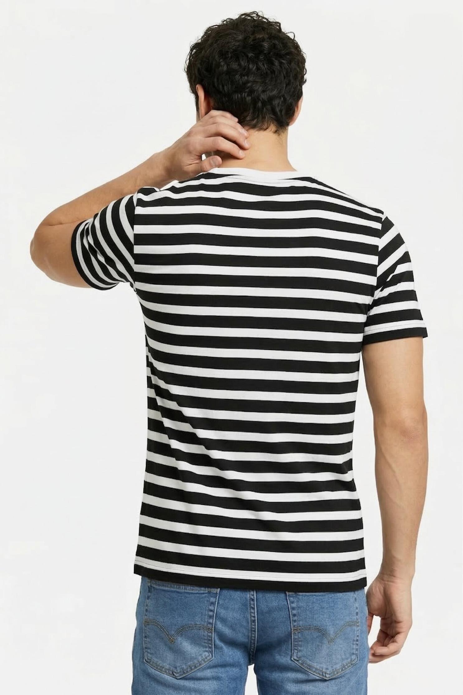 Men's Black & White Striped V-Neck Cotton T-Shirt