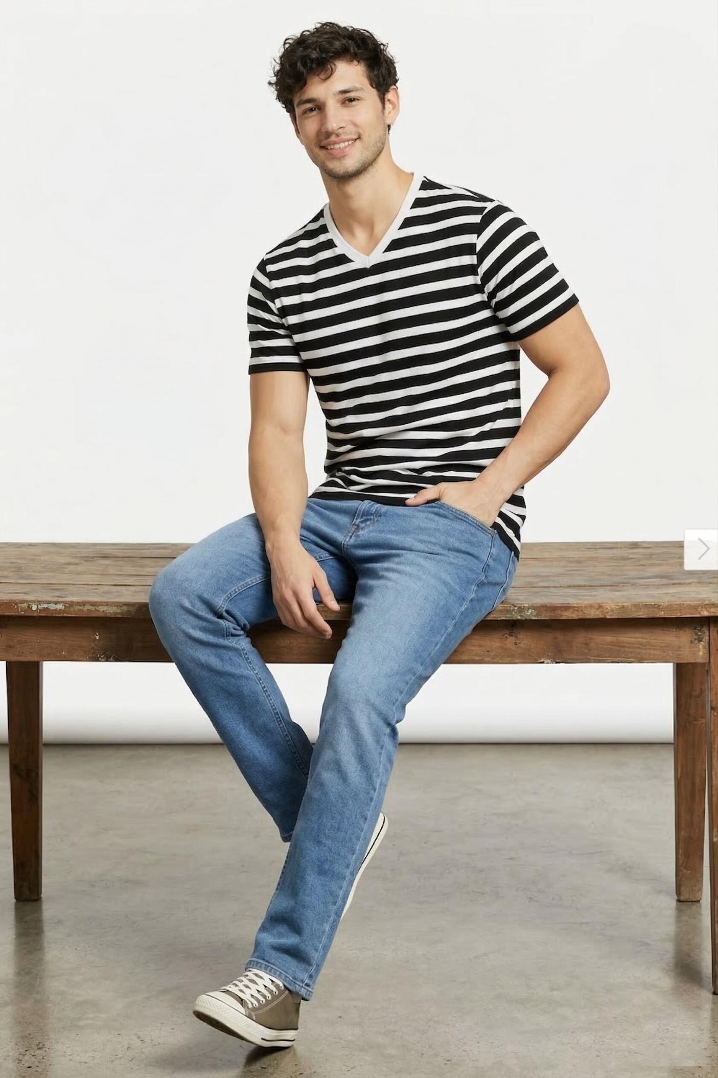Men's Black & White Striped V-Neck Cotton T-Shirt