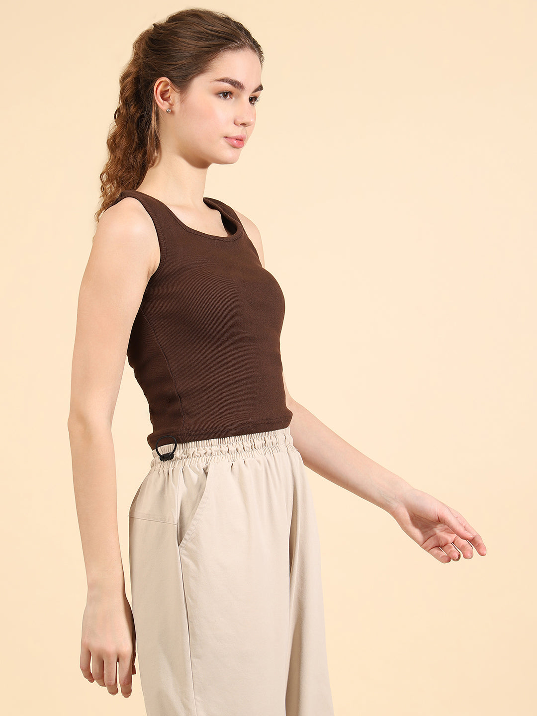 Unaone Women Brown Coffee Cotton Ribbed Sleeveless Vest Tank Top