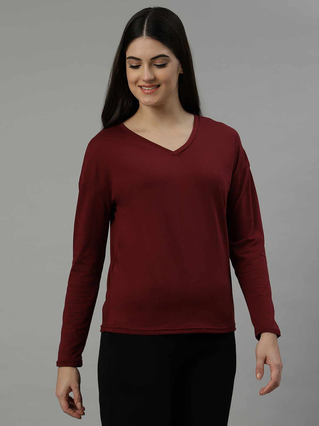 UnaOne Maroon V-Neck Drop-Shoulder Sleeves Pure Cotton T-shirt for Women