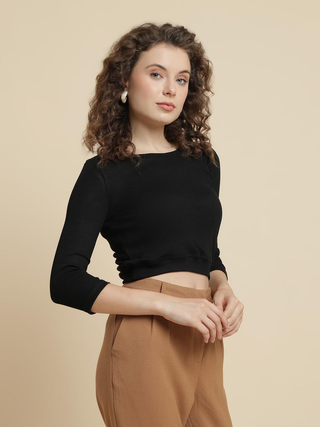 Black Ribbed Crop Top – 3/4 Sleeve