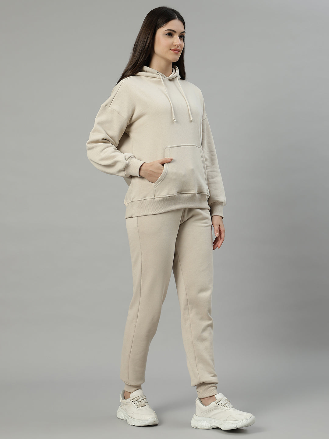 Unaone Women Beige Cotton Fleece Winter Wear Tracksuit