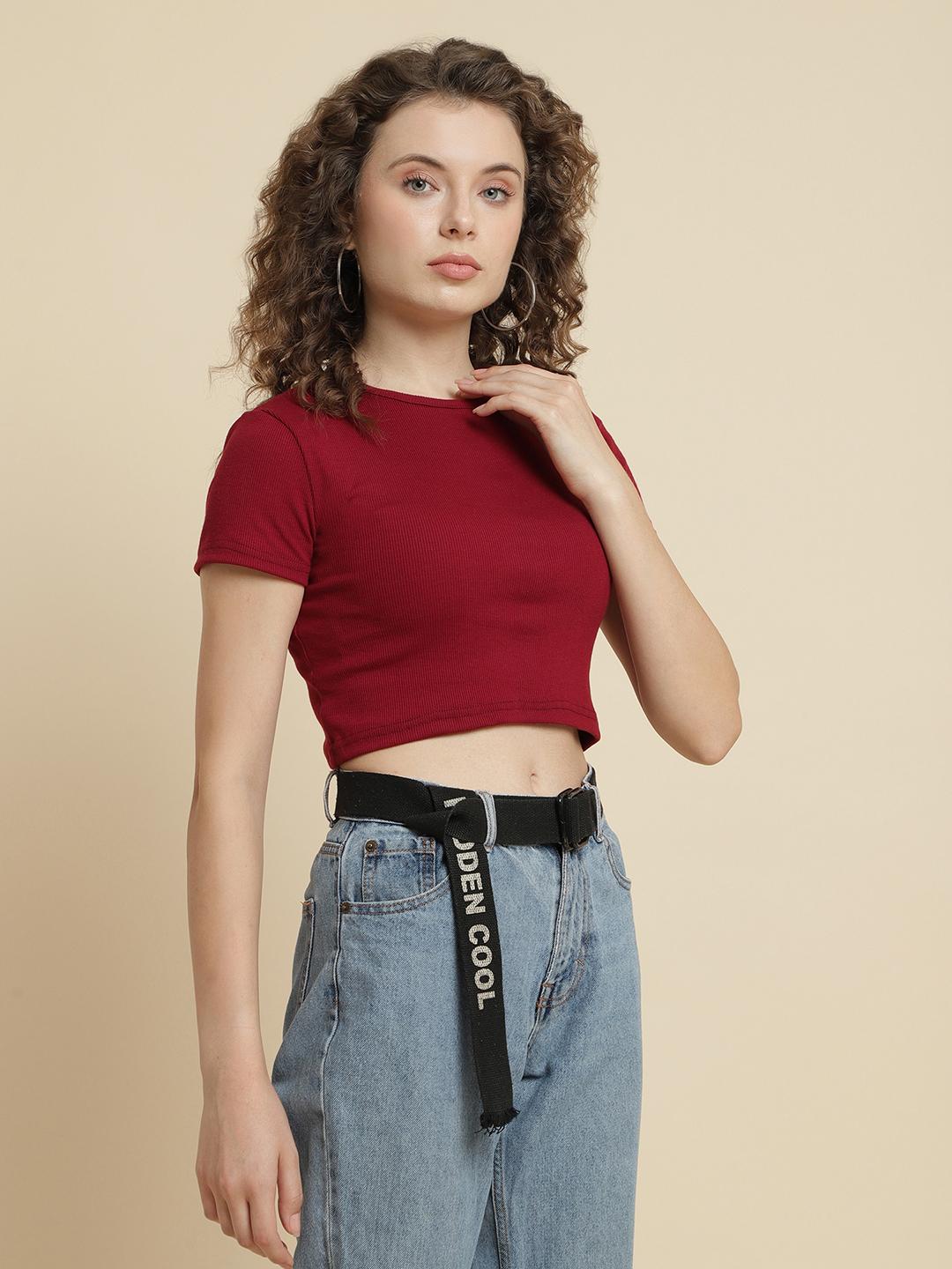 Women's Maroon Ribbed Crop Top