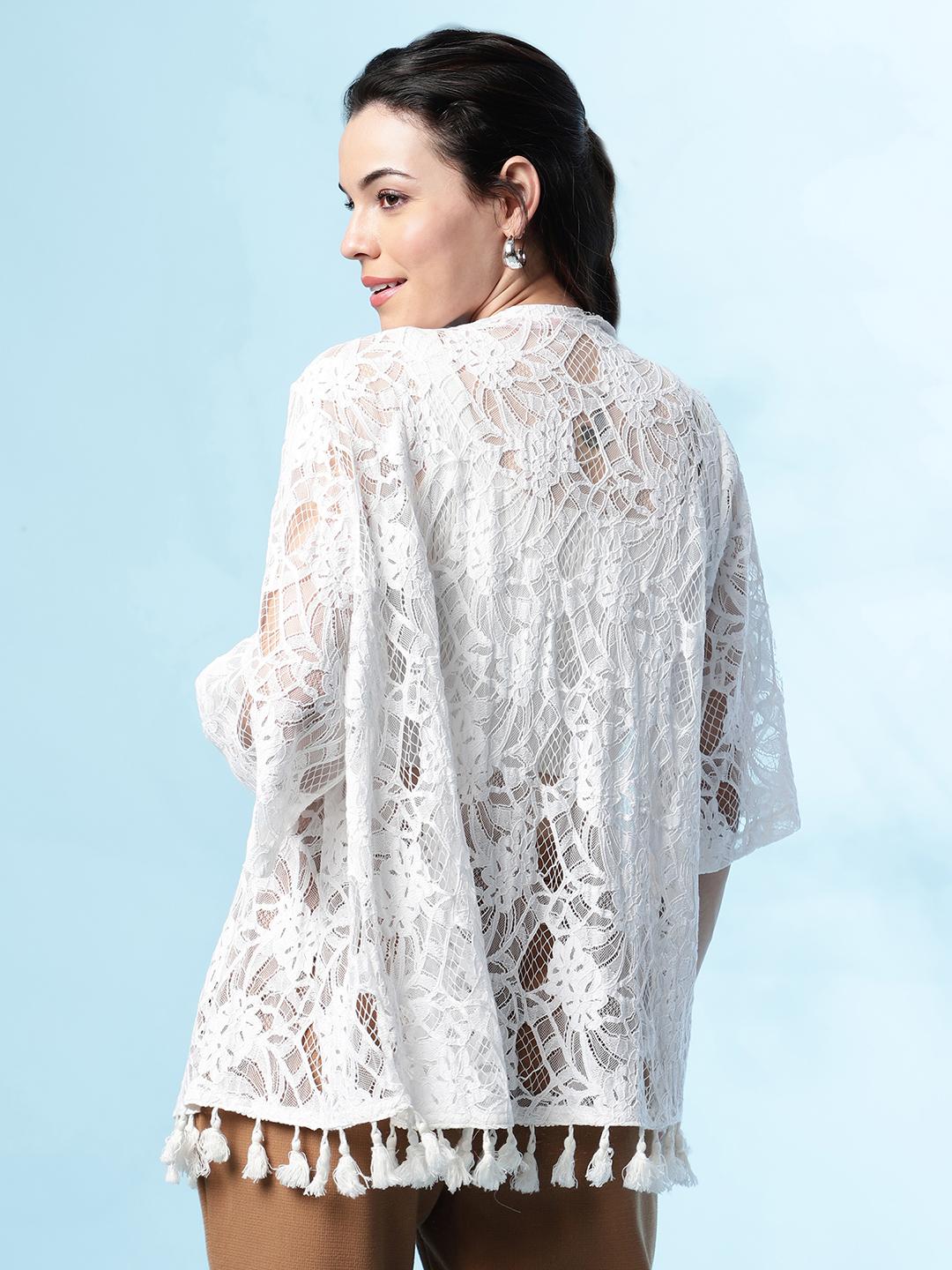 White Lace Shrug – Open-Front Floral Crochet Cover-Up