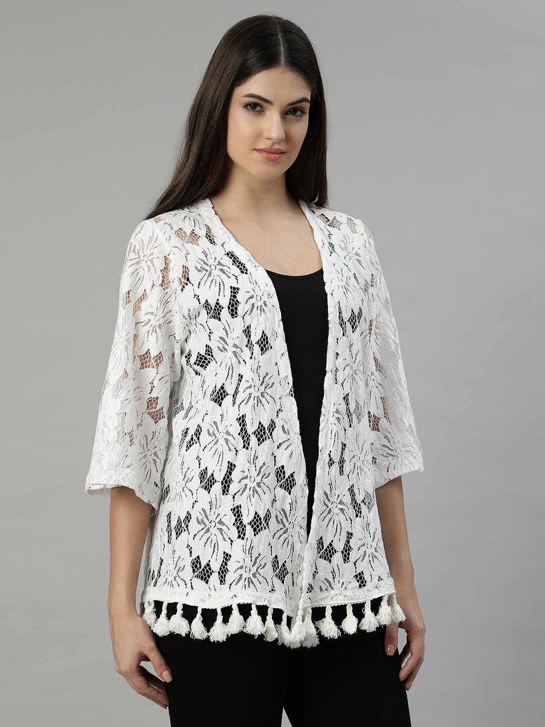 White Floral Lace Shrug with Tassel Hem