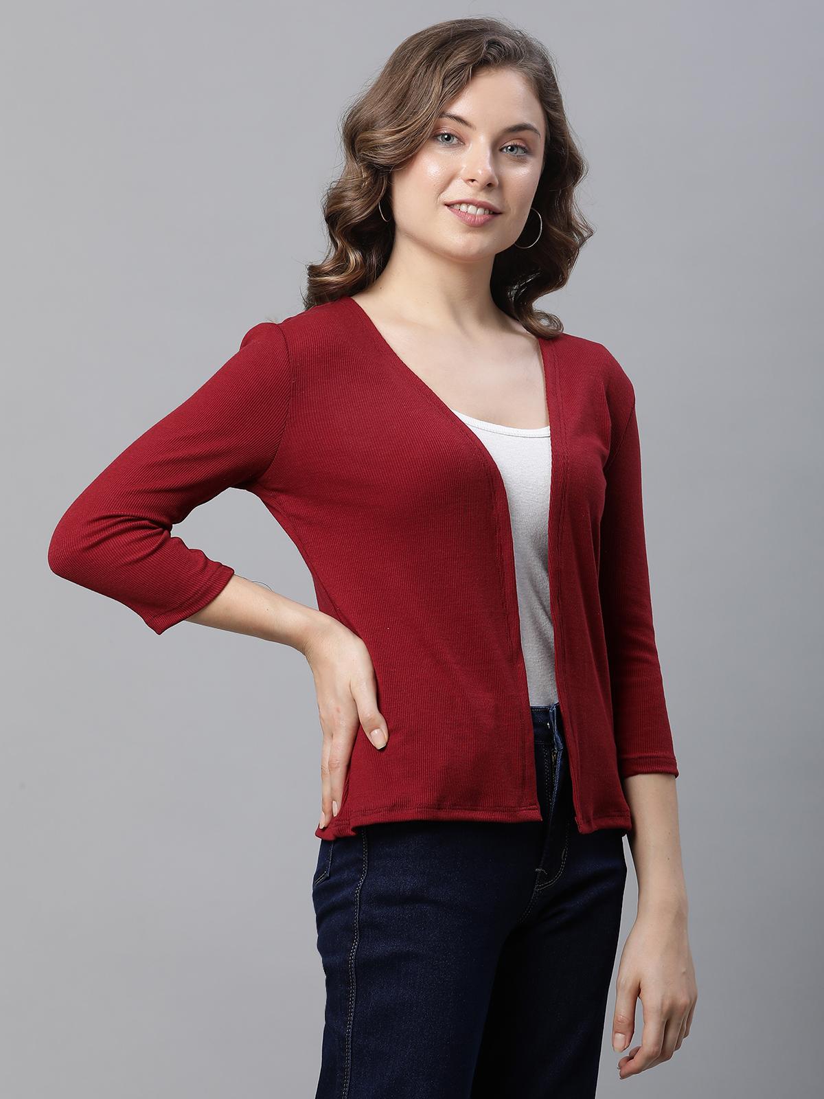 Women's Ribbed Open-Front Shrug – Maroon