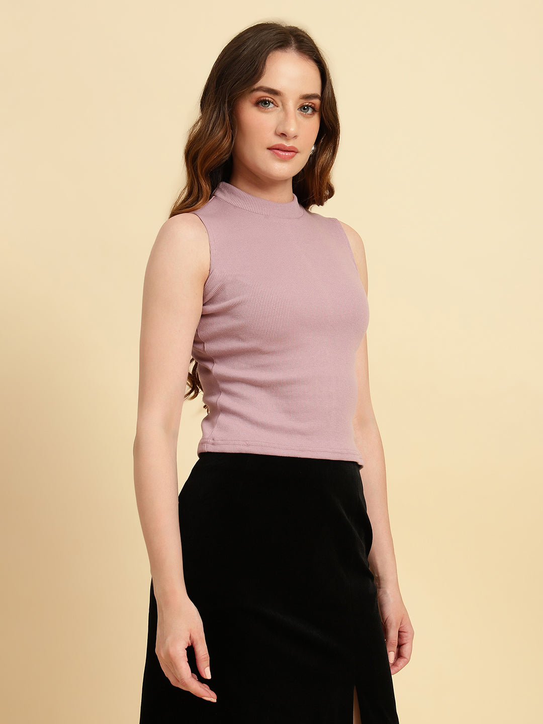 Unaone Women Purple Cotton Ribbed Sleeveless High Neck Fitted Top