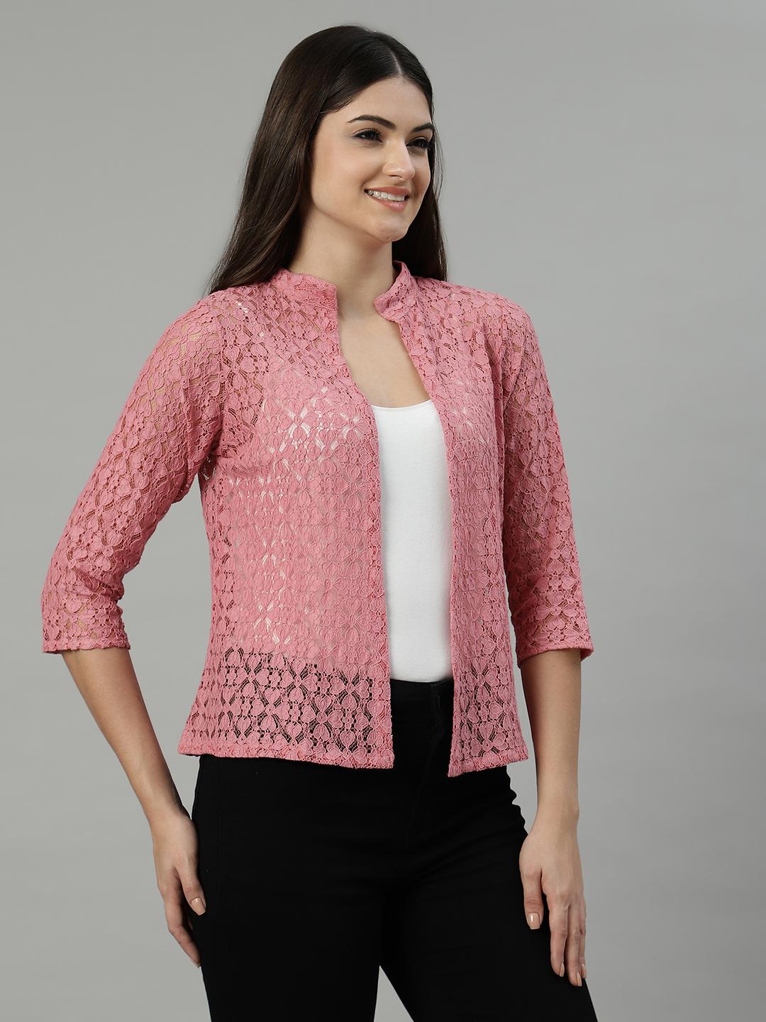 Unaone Women's Dusty Pink Floral Lace Open-Front Shrug