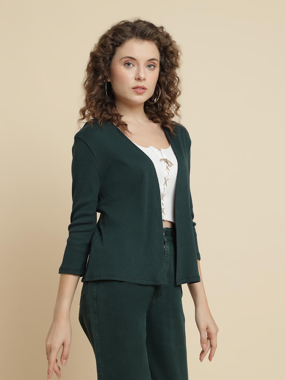 Ribbed Open-Front Shrug – Teal Green