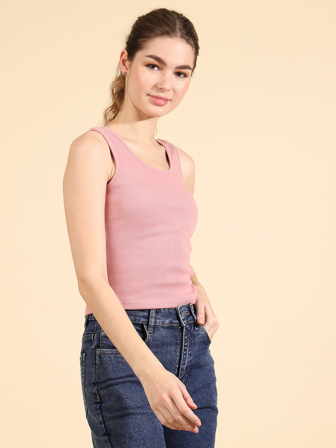 Unaone Women Purple Cotton Ribbed Sleeveless Fitted Vest Tank Top