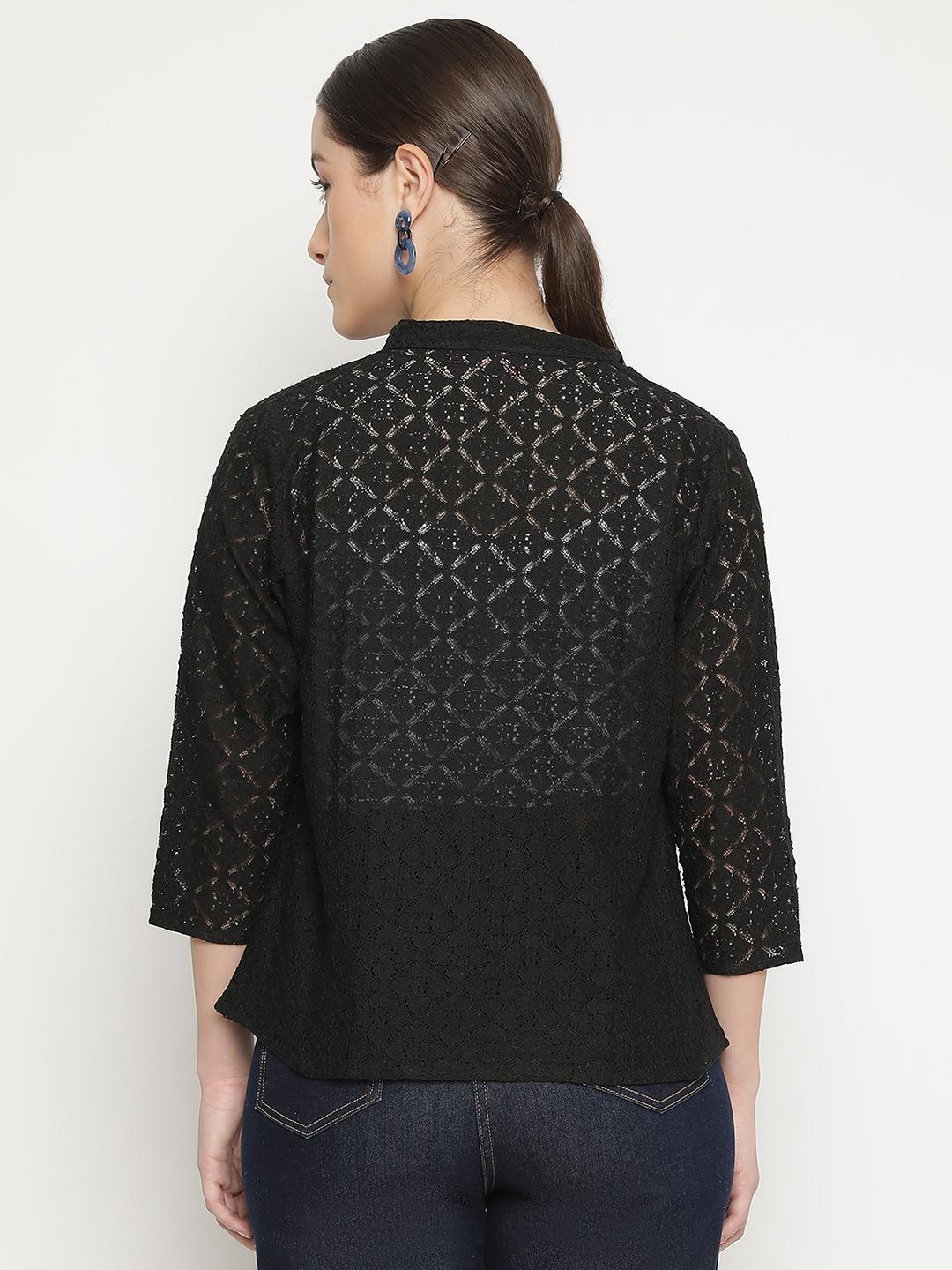 Women's Black Lace Shrug – Open-Front Overlay Coller