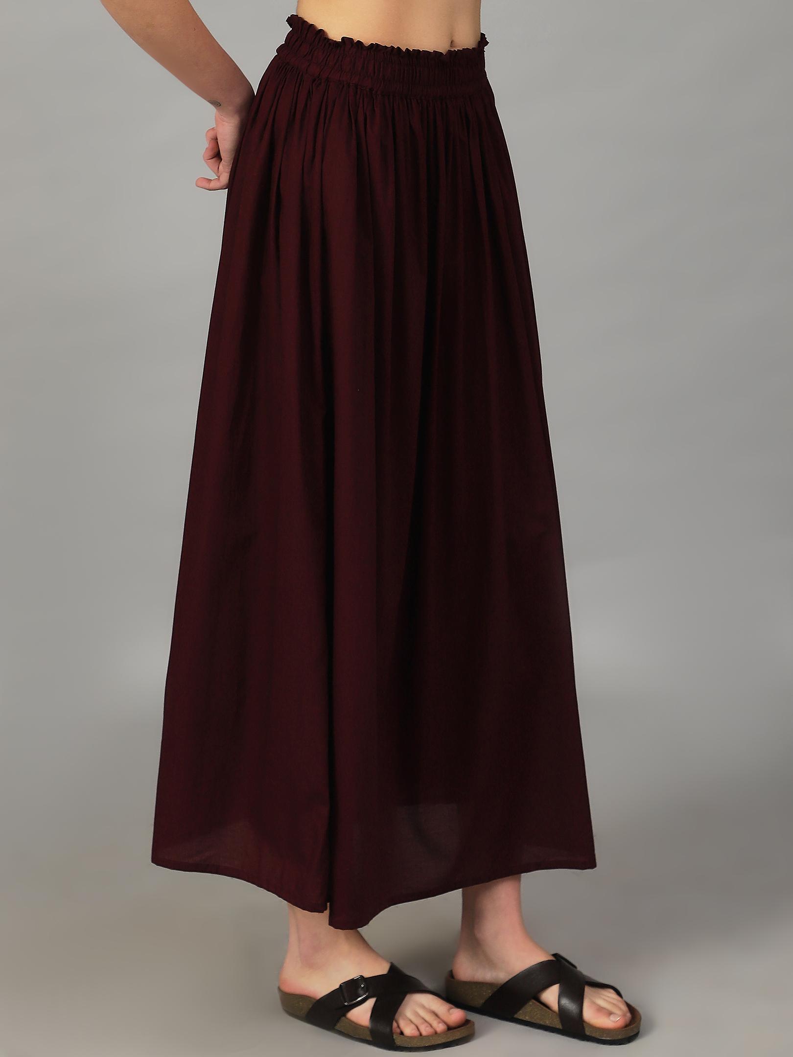 Wine Gathered Maxi Skirt – Smocked Waist Flowy Bottom