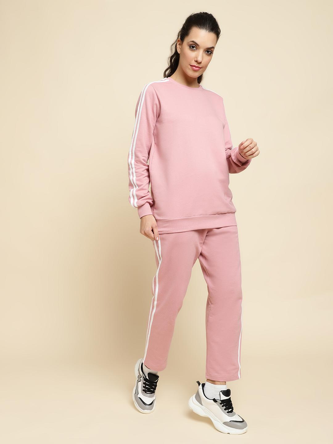 Dusty Pink Terry Cotton Tracksuit Co-ord Set with White Side Stripes
