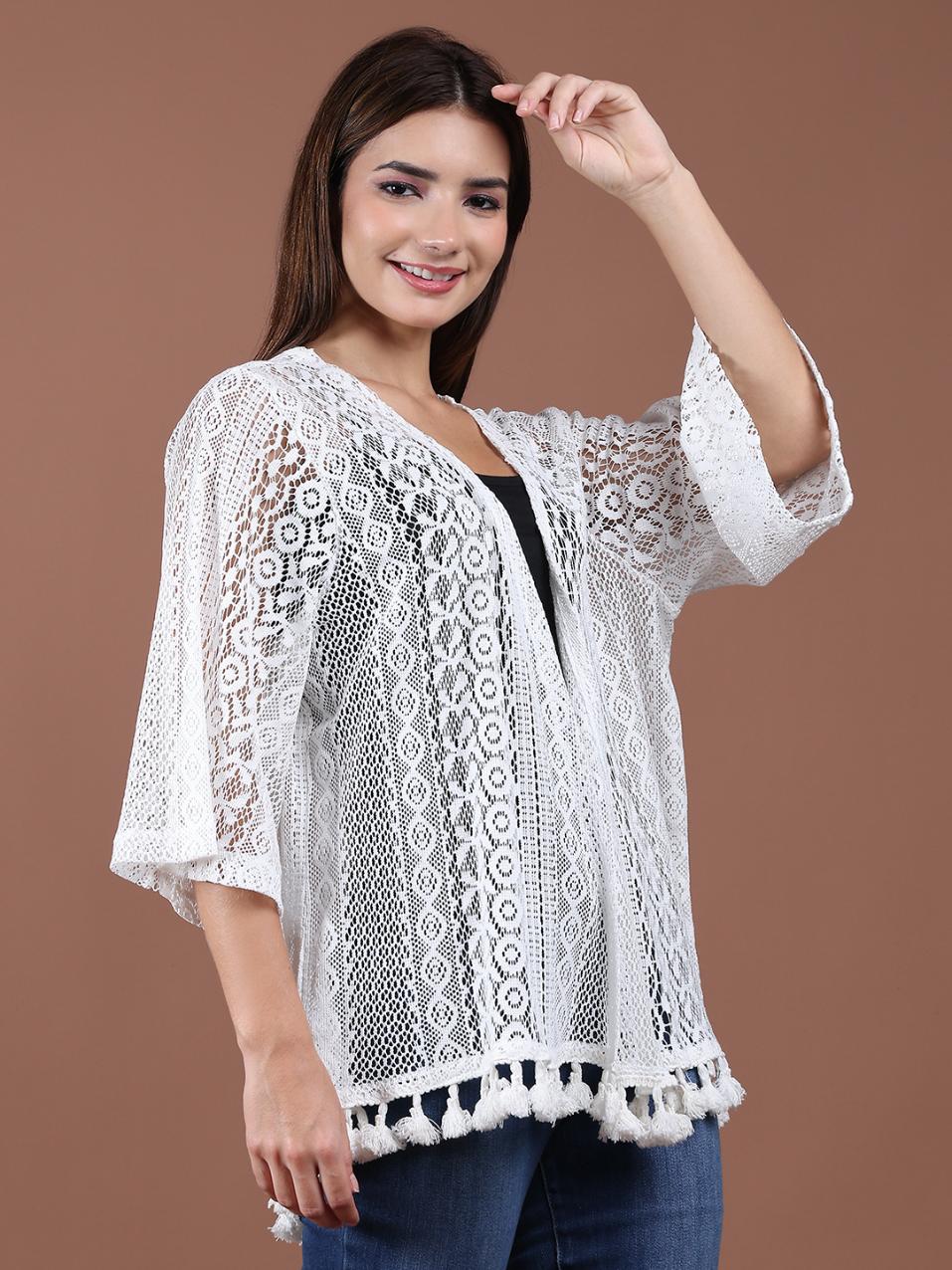 Women's White Lace open Shrug-Front Crochet Cover-Up