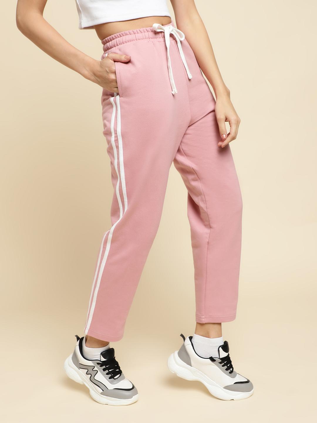 Women's Pink Cotton Terry Joggers with White Side Stripes