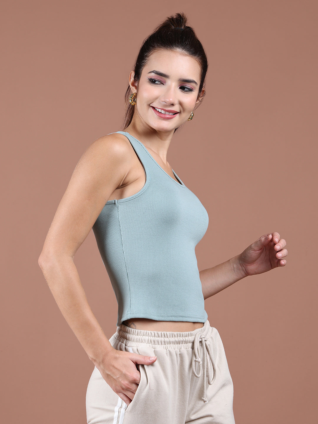 Unaone Women Sea Green Cotton Ribbed Sleeveless Fitted Vest Tank Top