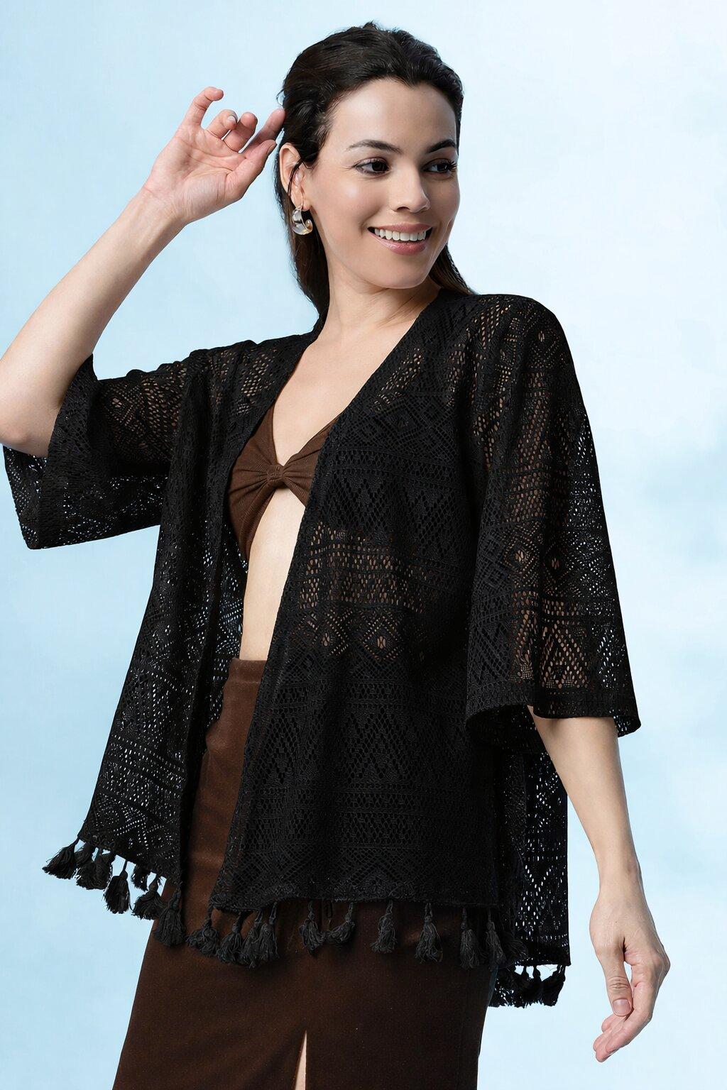 Black Shrug Tassel  – Open-Front Cover-Up for Women