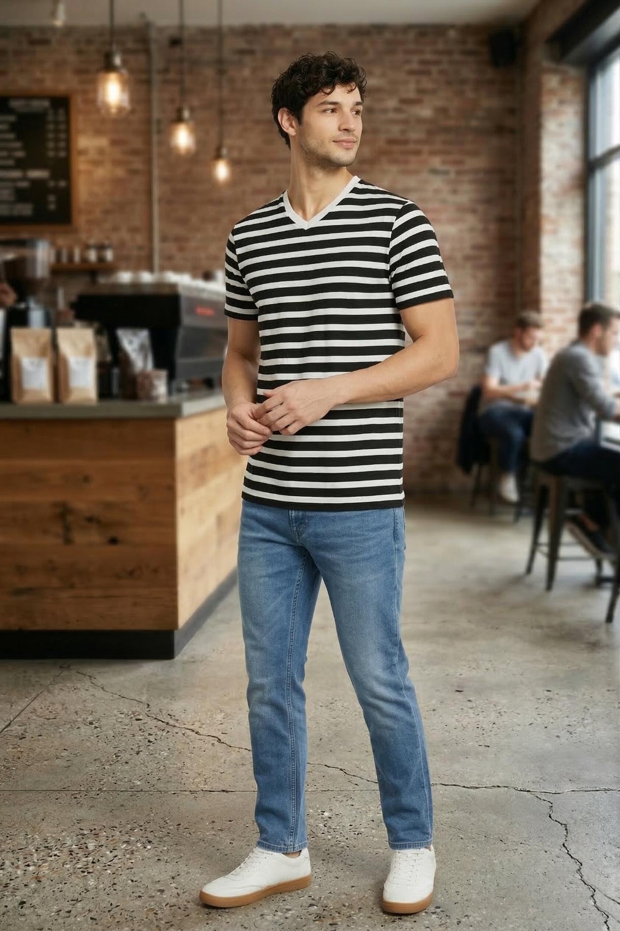 Men's Black & White Striped V-Neck Cotton T-Shirt