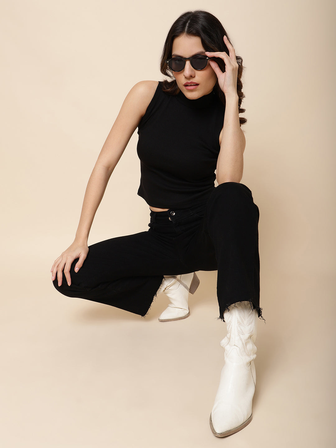 Unaone Women Black Cotton Ribbed Sleeveless High Neck Fitted Top