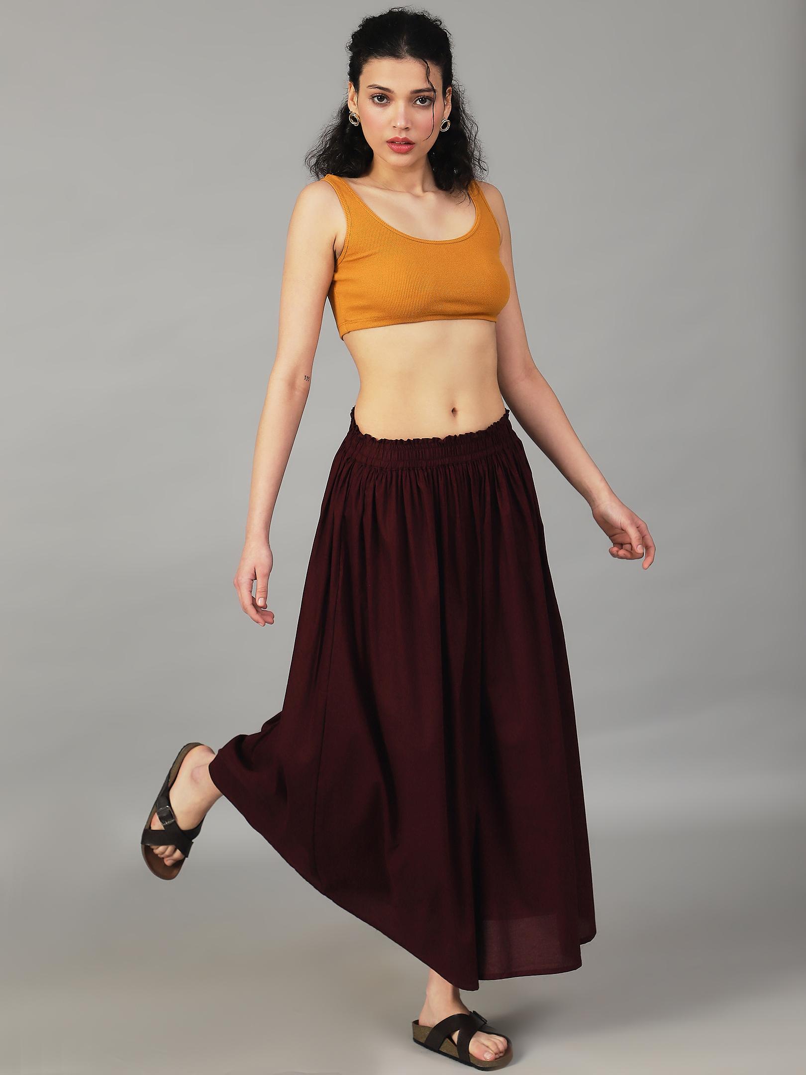 Wine Gathered Maxi Skirt – Smocked Waist Flowy Bottom