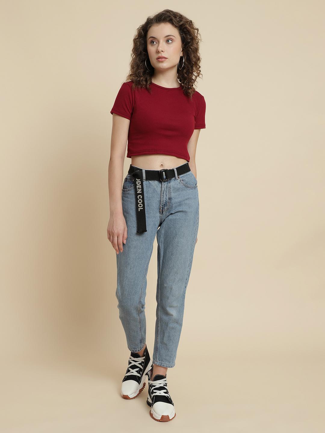 Women's Maroon Ribbed Crop Top