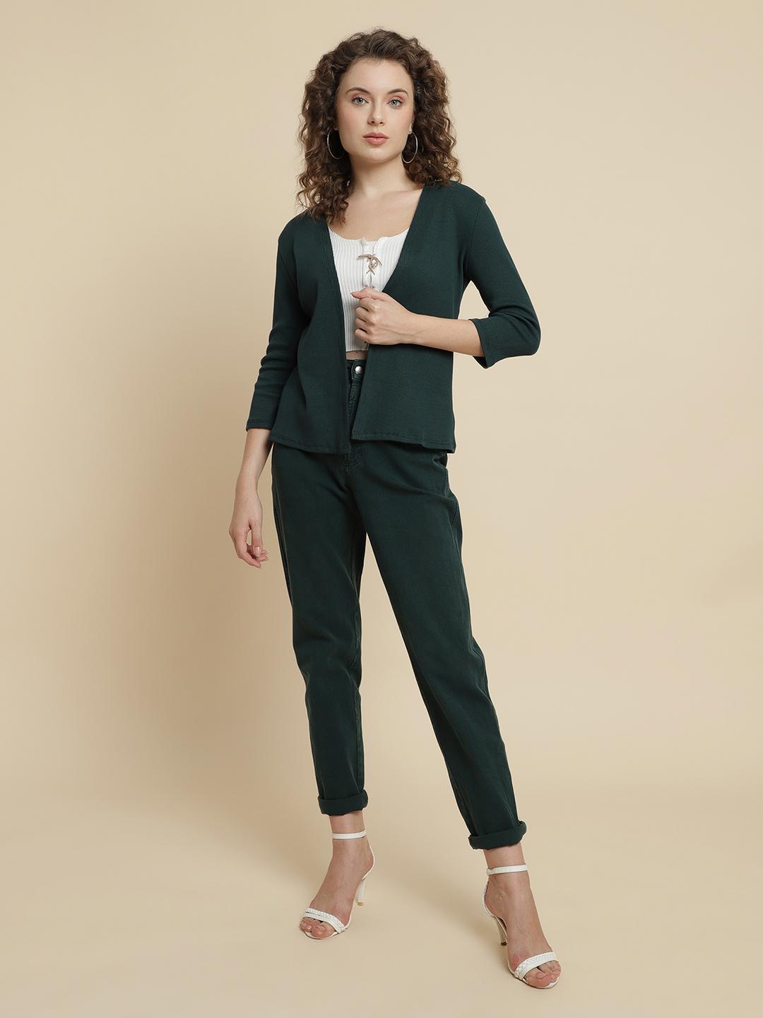 Ribbed Open-Front Shrug – Teal Green