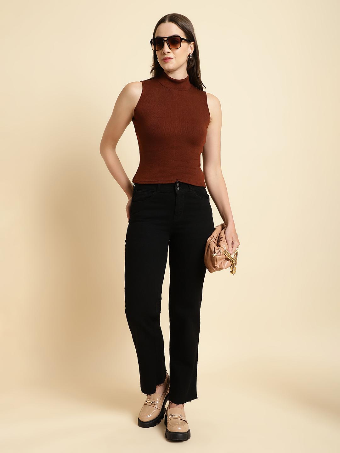 Ribbed coffee Mock Neck Top