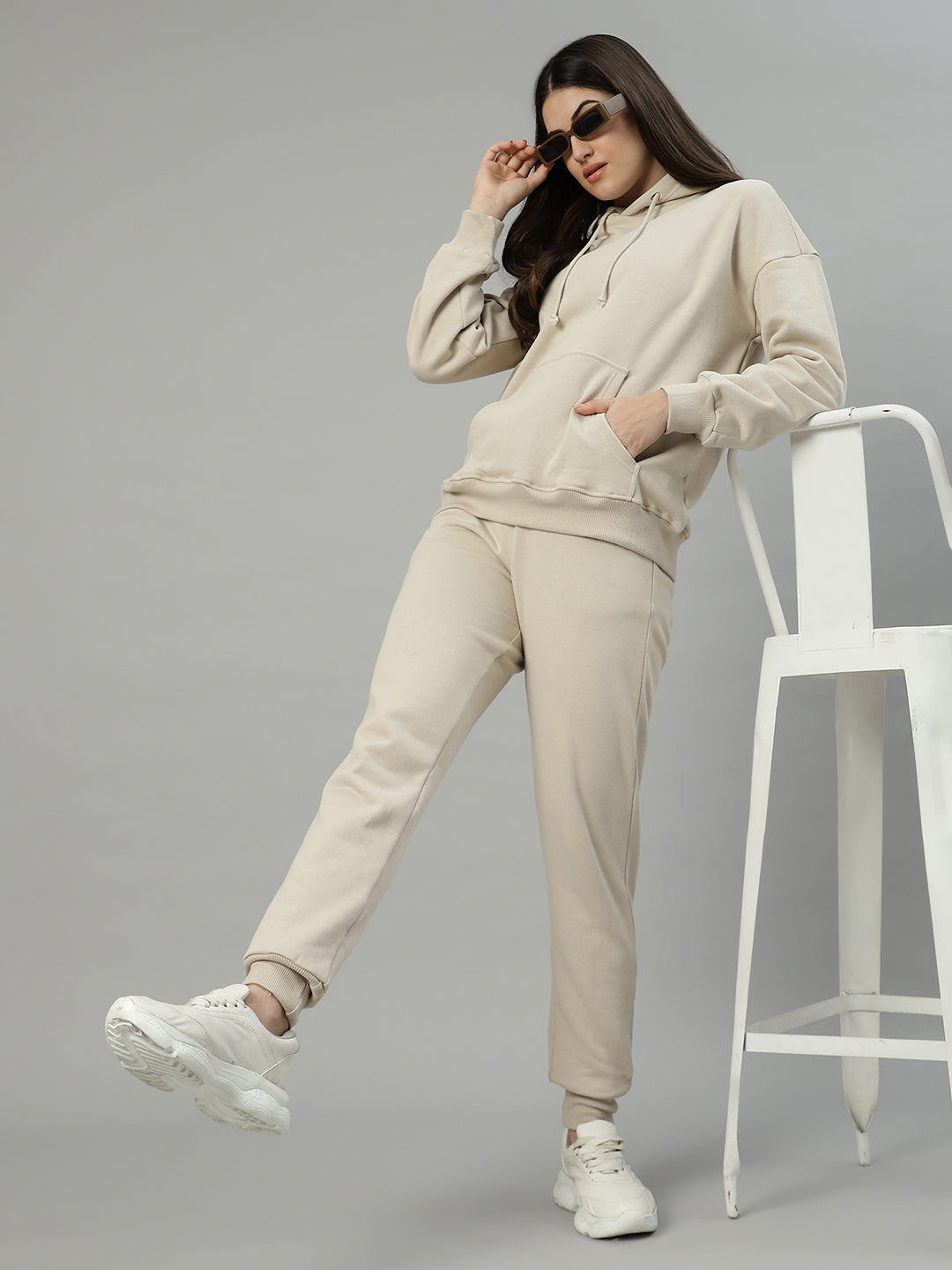 Unaone Women Beige Cotton Fleece Winter Wear Tracksuit