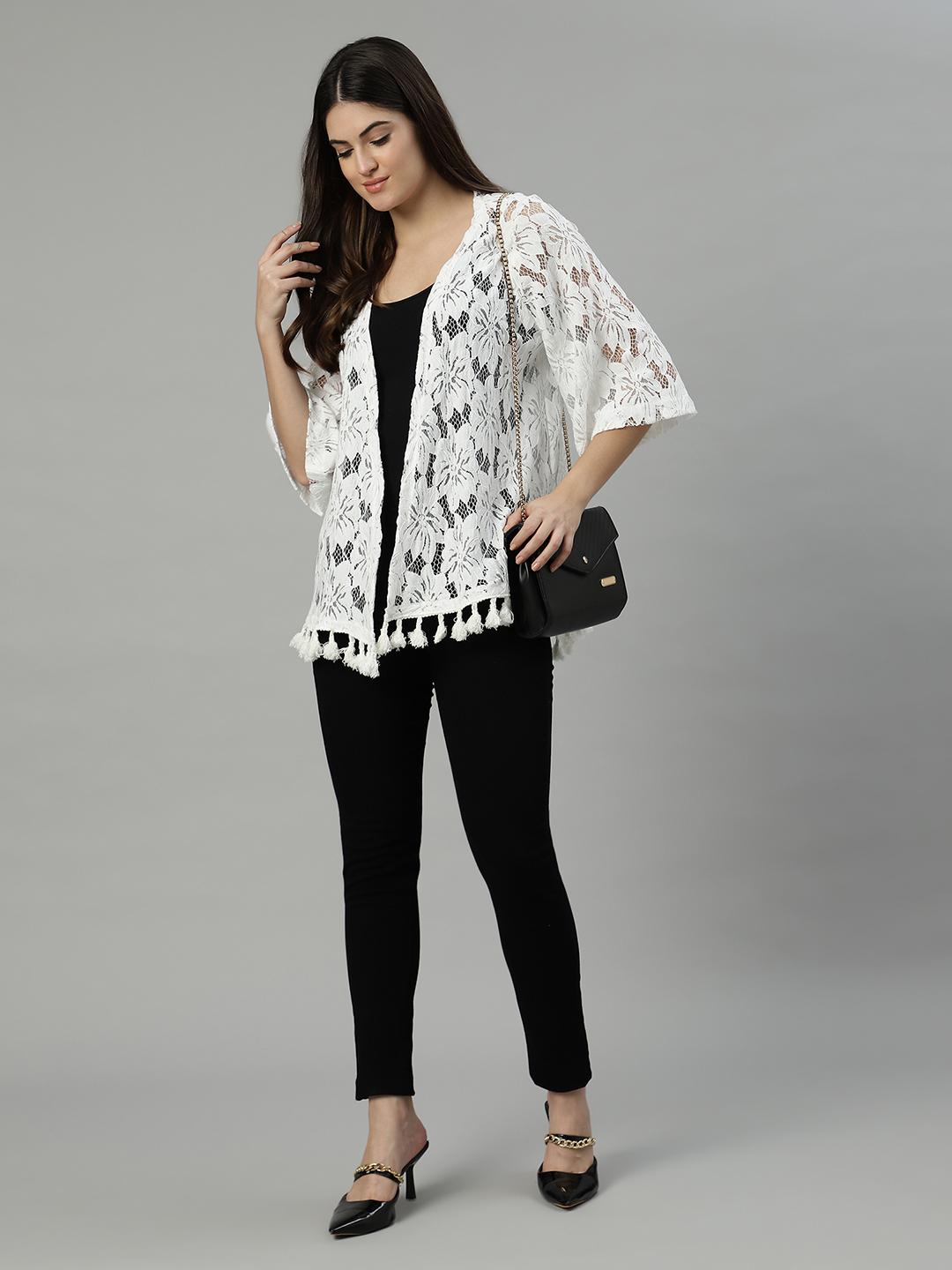 White Floral Lace Shrug with Tassel Hem