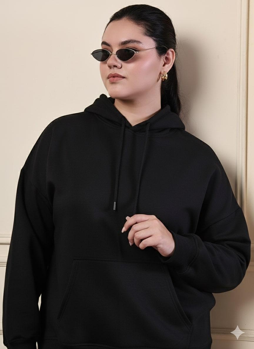 Women's Hoodie & Jogger Tracksuit Set – Black Cotton Fleece
