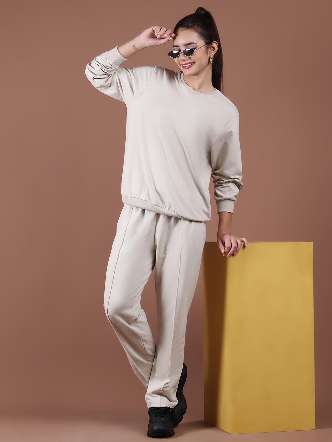 Women's Relaxed Fit Co-ord Tracksuit Set – Beige
