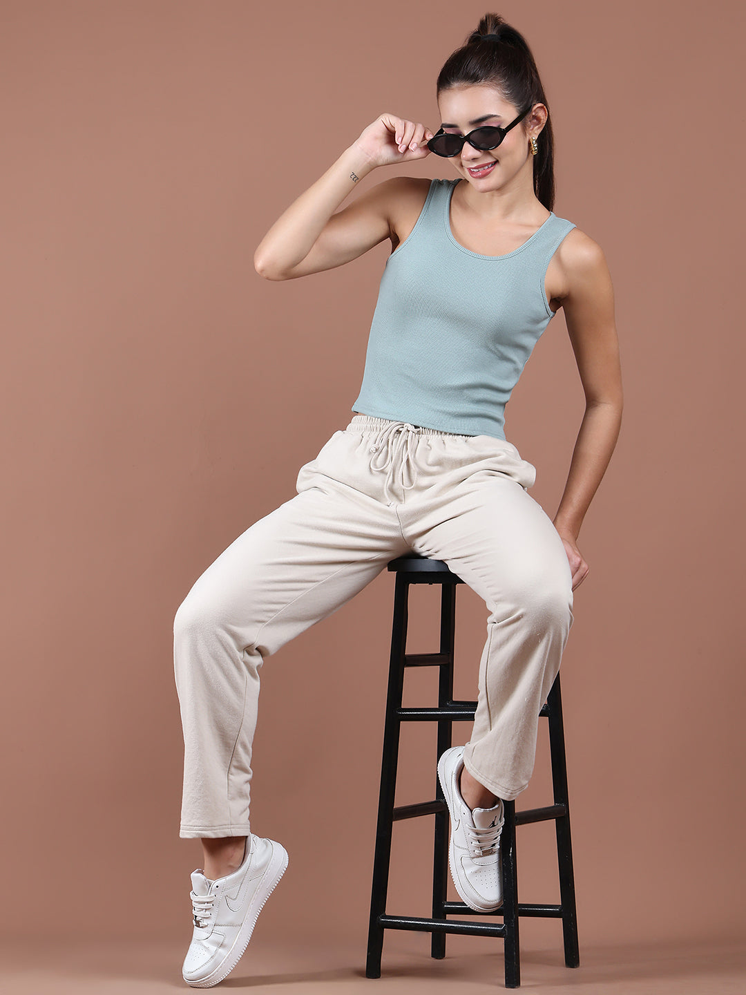 Unaone Women Sea Green Cotton Ribbed Sleeveless Fitted Vest Tank Top