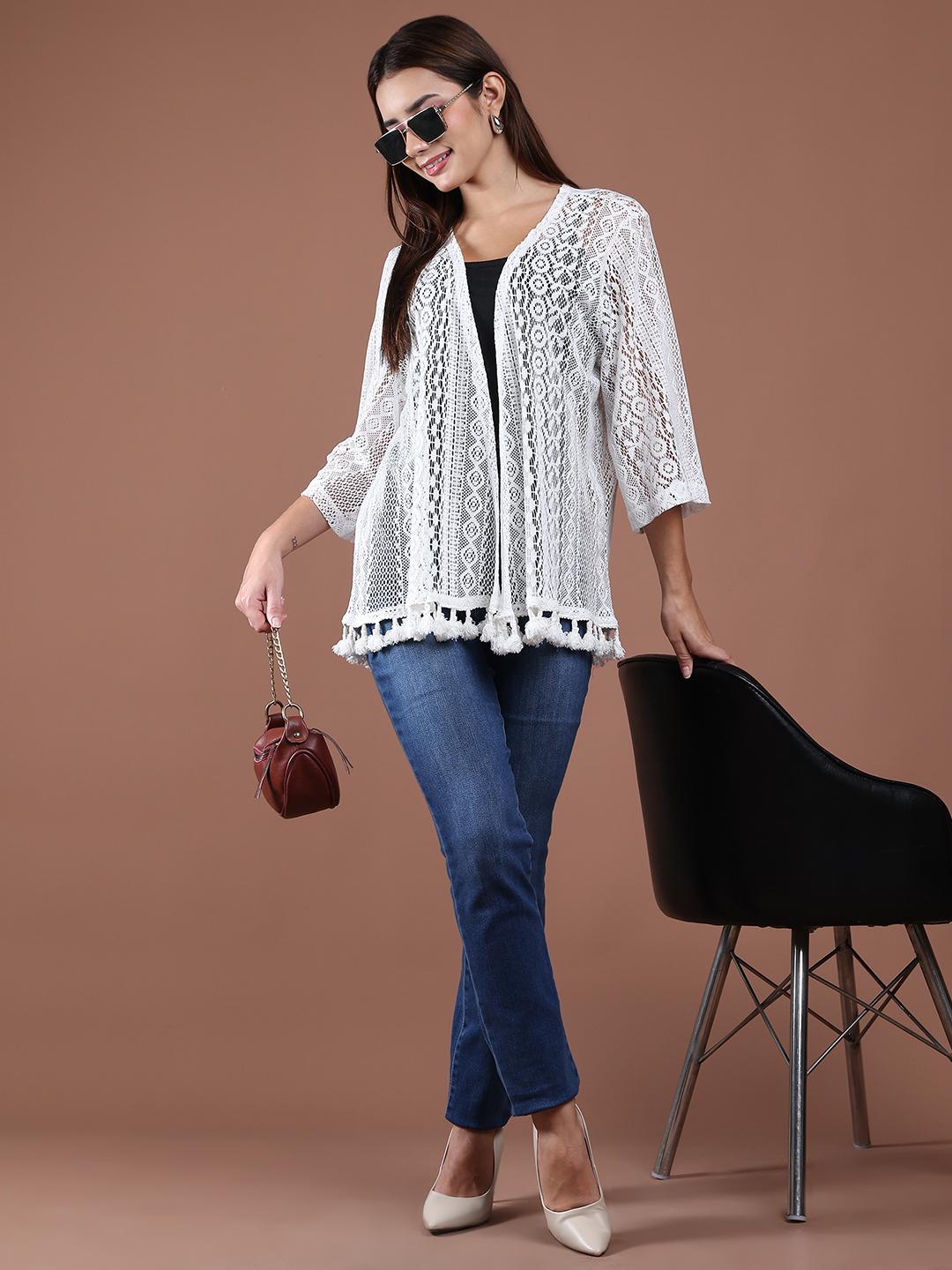 Women's White Lace open Shrug-Front Crochet Cover-Up