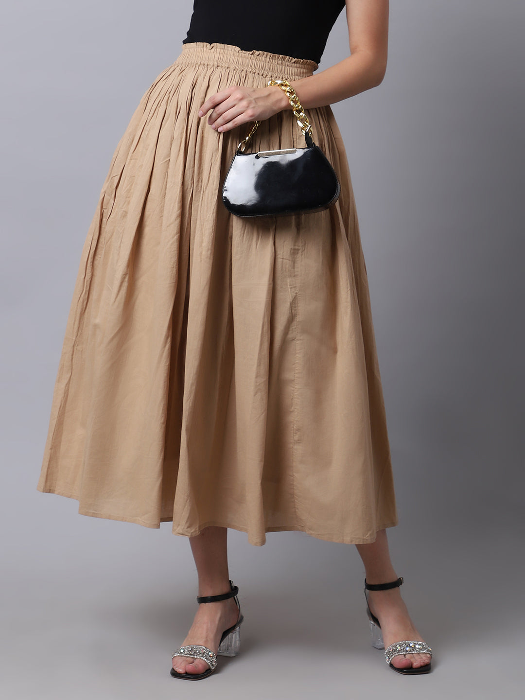 Unaone Women Beige Solid Flared Maxi Skirts With Lining