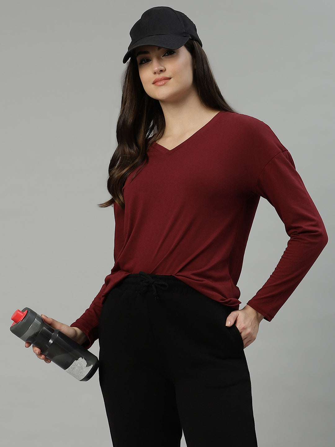 UnaOne Maroon V-Neck Drop-Shoulder Sleeves Pure Cotton T-shirt for Women