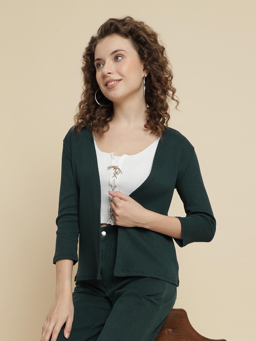 Ribbed Open-Front Shrug – Teal Green