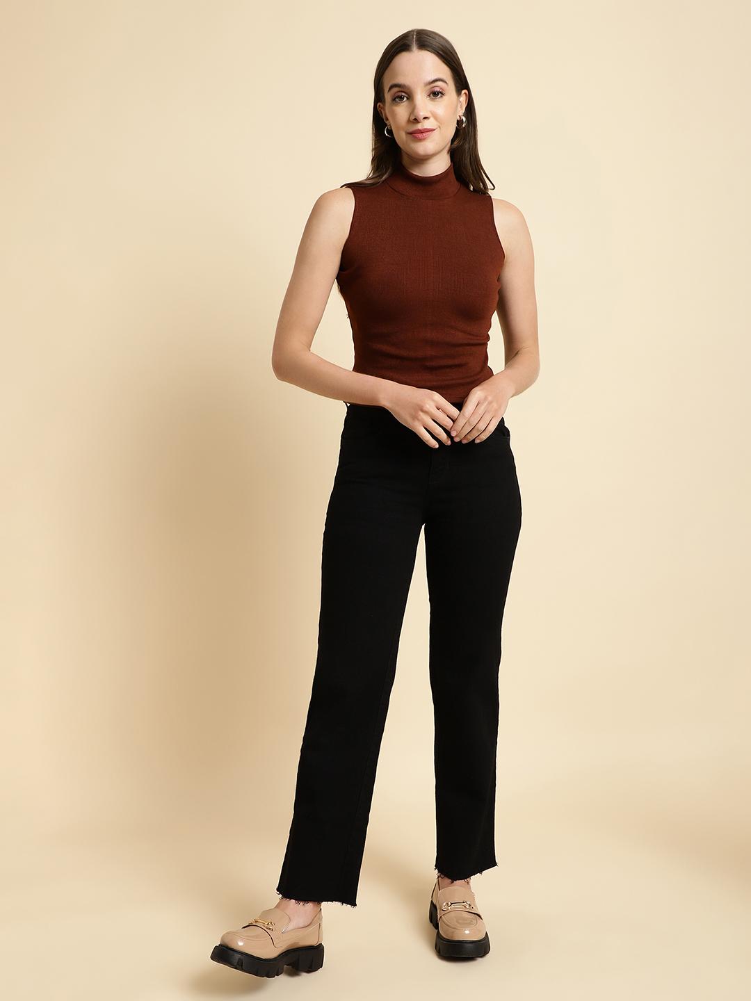 Ribbed coffee Mock Neck Top